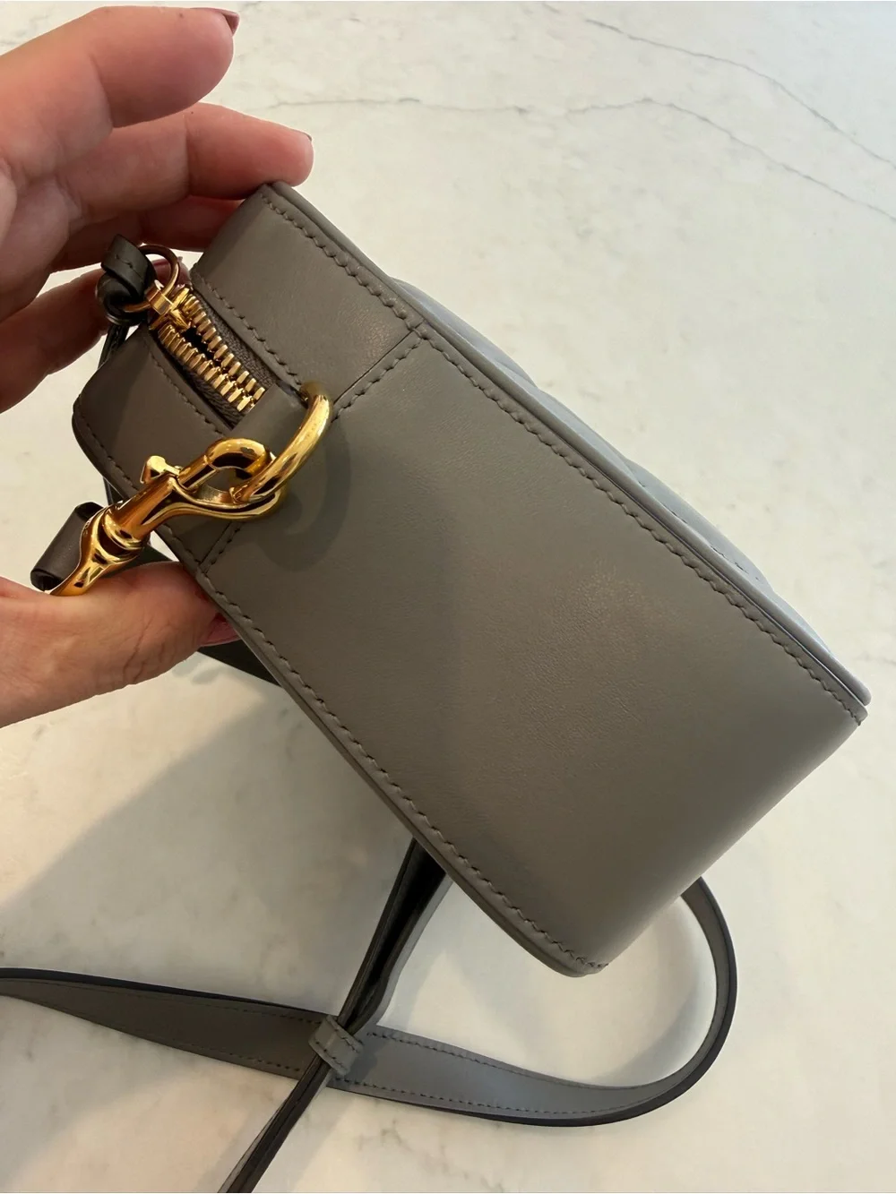 Gucci Gray GG Embossed Leather Camera Crossbody with Gold Hardware